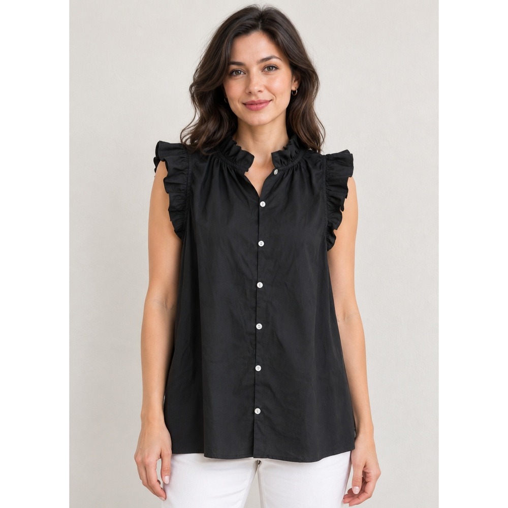Express Womens Black Ruffle Neck Sleeveless Button Down Blouse Top Small